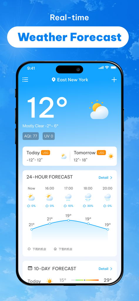 Weather Scope - Local Forecast - Aplicación Weather Scope que muestra un pronóstico meteorológico de 24 horas y el índice de calidad del aire actual