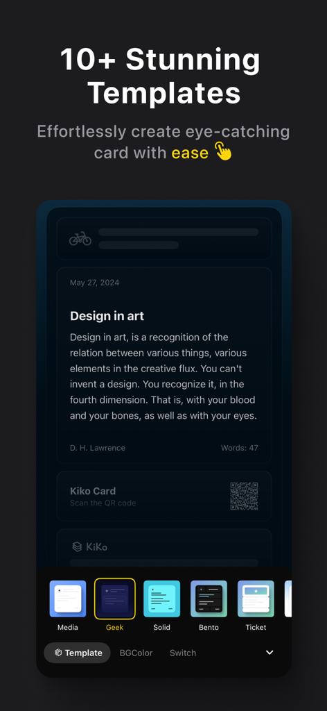 Kiko Card:Text Post & Carousel - A mobile interface of the Kiko Card app showing different aesthetic templates for creating social media text posts.