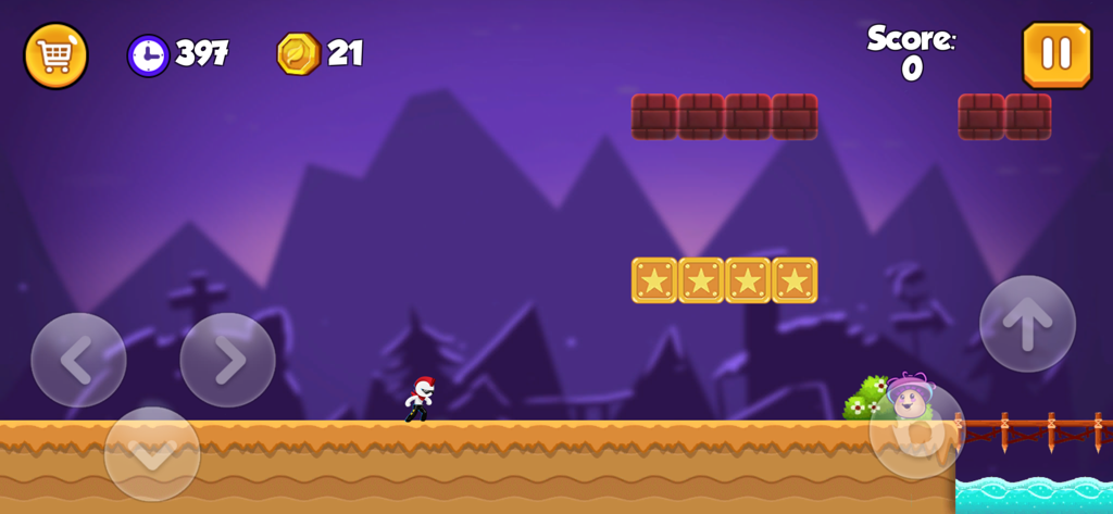 Stickman Warriors : Dark World - Gameplay screenshot of Stickman Warriors Dark World showing a stickman character in a 2D side-scrolling platformer level with purple mountains.