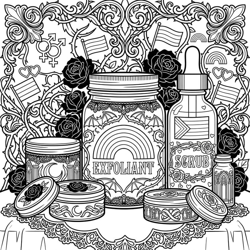 Dive into a uniquely dark yet vibrant coloring experience with this gothic-themed design featuring ornate exfoliant jars and bottles. Celebrate Pride Month as you bring to life intricate filigree, thorny vines, and subtle rainbow symbols.