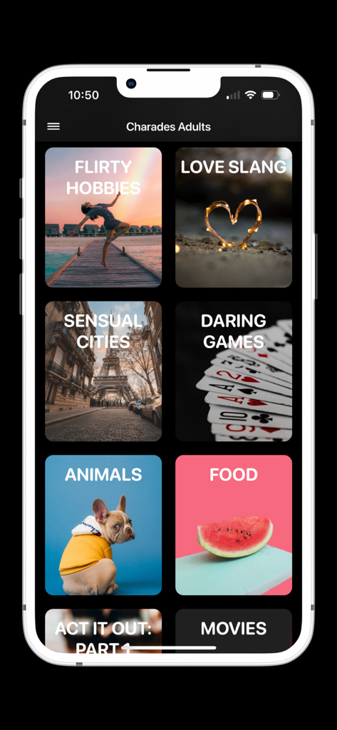 Adult Charades Party Game - Menú principal de la aplicación Juego de Charadas para Adultos mostrando varias categorías temáticas como Hobbies Coquetos y Jerga del Amor en un iPhone