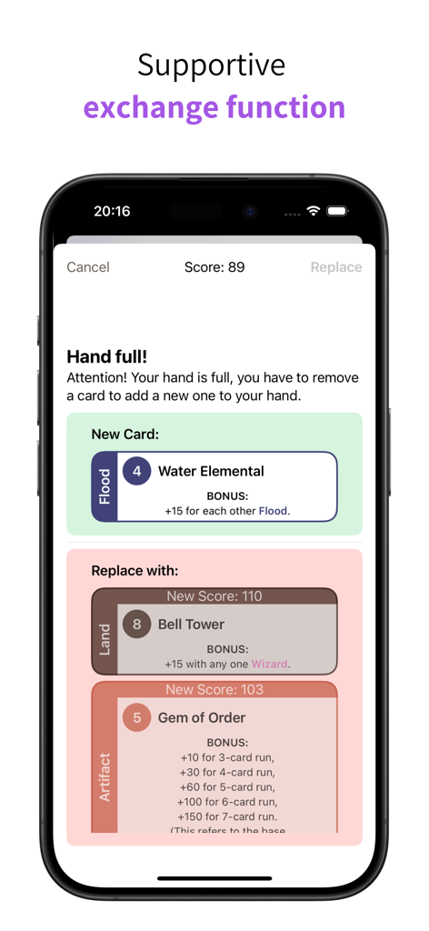 Fantasy Scoring - Interface of the Fantasy Scoring app showing a card exchange recommendation to optimize the game score