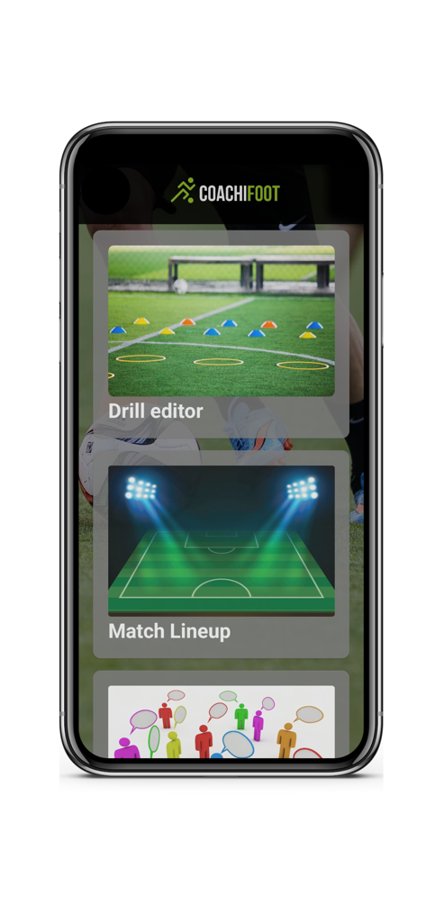 Coachifoot Soccer Drills - Menu do aplicativo Coachifoot exibindo editor de exercícios e ferramentas de escalação de jogos para treinadores de futebol