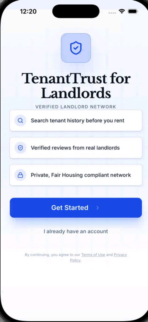 TenantTrust for Landlords - TenantTrust for Landlords welcome screen featuring verified landlord network and tenant history search