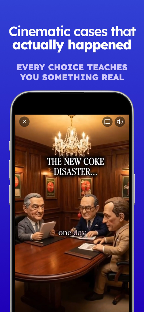Empirio: Learn Business - App interface showing a cinematic business case study about the New Coke disaster set in a boardroom.
