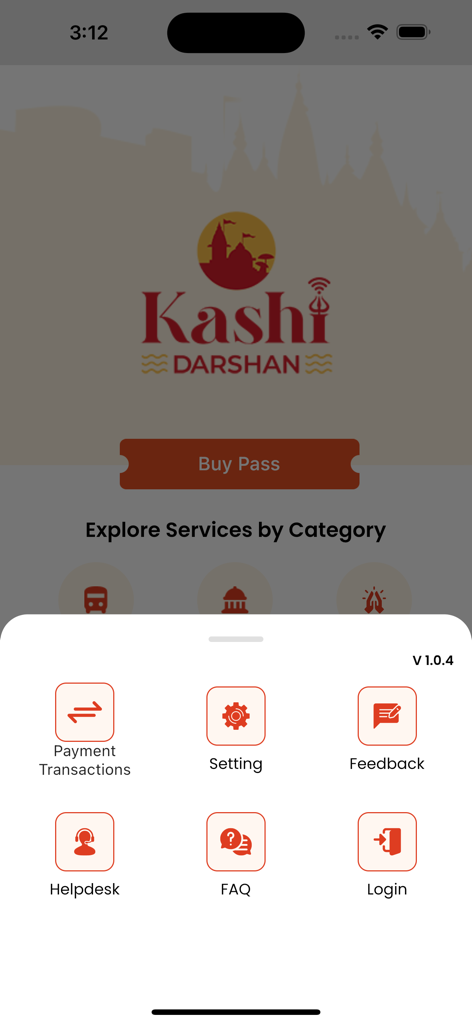 Kashi Darshan - Kashi Darshan app menu showing options for payment settings helpdesk and login