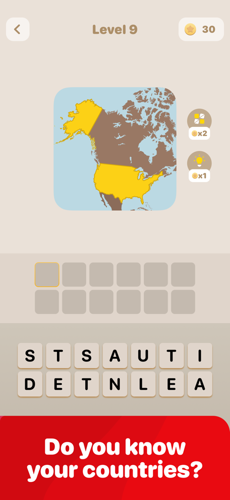 Country Quest: Guess Countries - Una captura de pantalla del juego de Country Quest que muestra el Nivel 9, donde se resalta Estados Unidos en un mapa para que el jugador adivine.