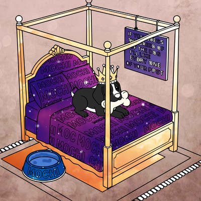 a beagle with  a crown on her head with a toy in her mouth in a bed and the bed says mochi everywhere on the bed with a dog food bowl that says mochi and a sign that says if you guess the breed of the dog i'll like every one of your ppsts