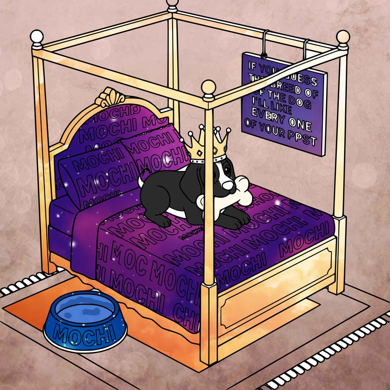 a beagle with  a crown on her head with a toy in her mouth in a bed and the bed says mochi everywhere on the bed with a dog food bowl that says mochi and a sign that says if you guess the breed of the dog i'll like every one of your ppsts