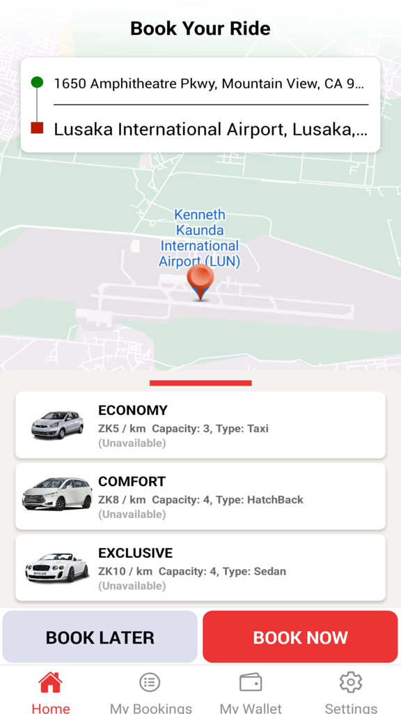 Ja Ride - Pantalla de la aplicación Ja Ride que muestra opciones de reserva de viajes y categorías de vehículos