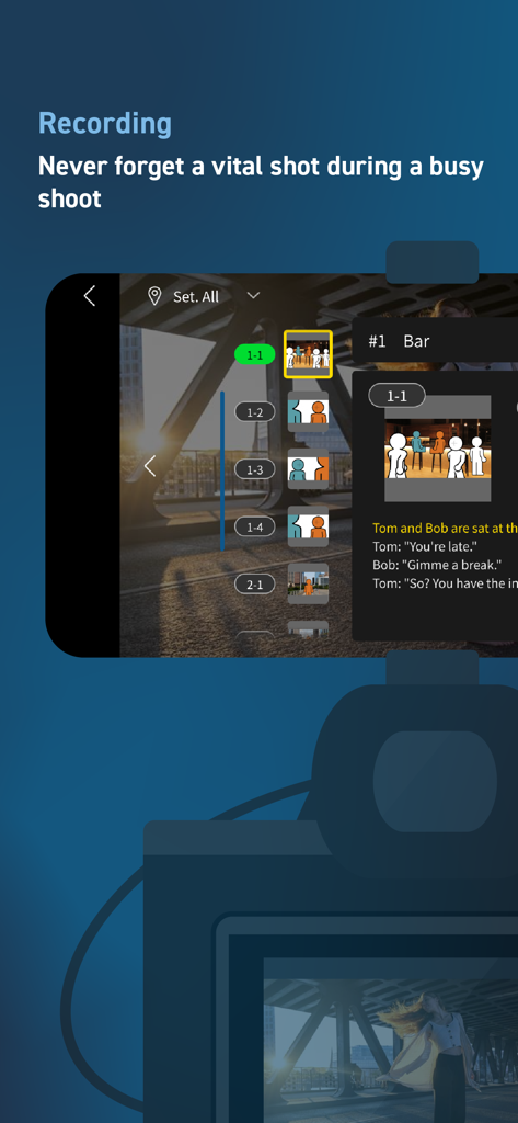 Interfaccia di registrazione di LUMIX Flow con storyboard integrato e lista delle inquadrature digitali.