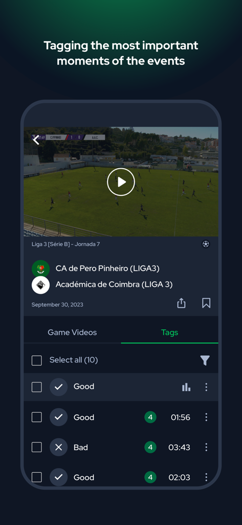 Canal 11 - Interface of the Canal 11 app showing a soccer match video with a list of tagged game moments for clip creation