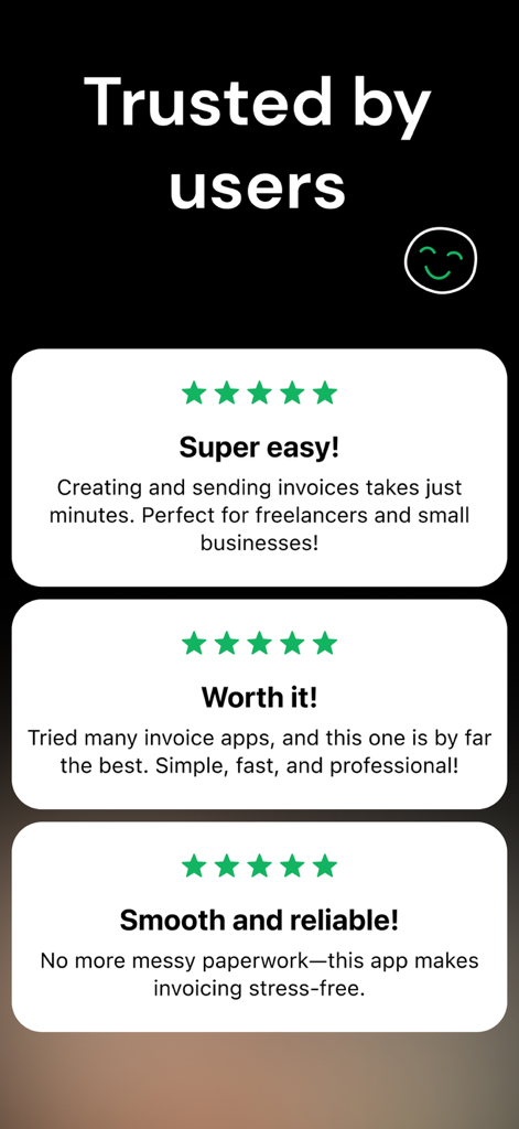 Invoice & Estimate Maker・Billo - Screenshot delle testimonianze degli utenti e delle valutazioni a cinque stelle per l'app Billo Invoice and Estimate Maker.