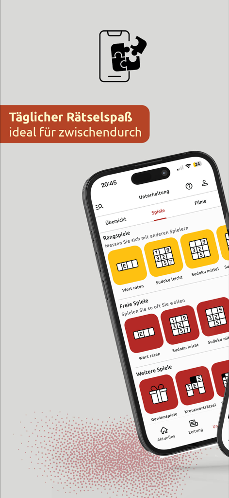 Schwäbische App Unterhaltungsbildschirm mit Sudoku- und Kreuzworträtseln