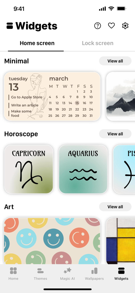 Aesthetic: App icons & Widgets - ミニホロスコープとアートテーマで分類されたカスタムiOSウィジェットのギャラリー