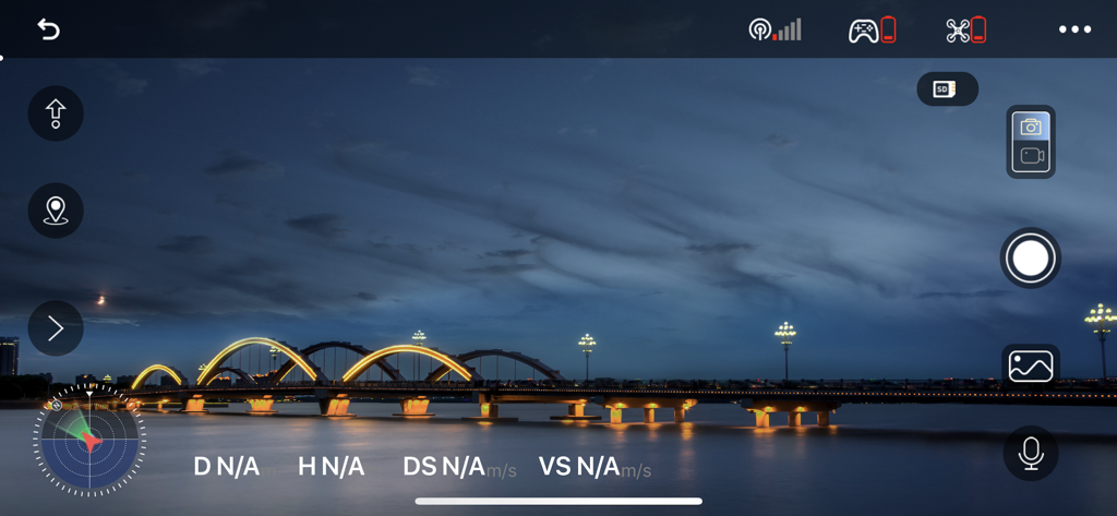 Bwine Drone - Bwine Drone app flight interface displaying a live camera feed of a bridge at night