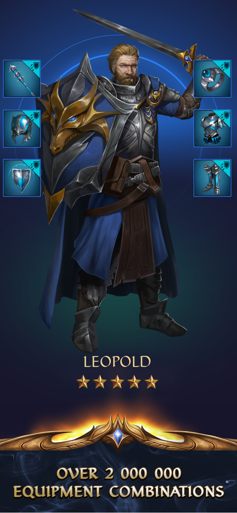 Un héroe de 5 estrellas llamado Leopold en Gemstone Legends que muestra múltiples ranuras de equipo y varios objetos