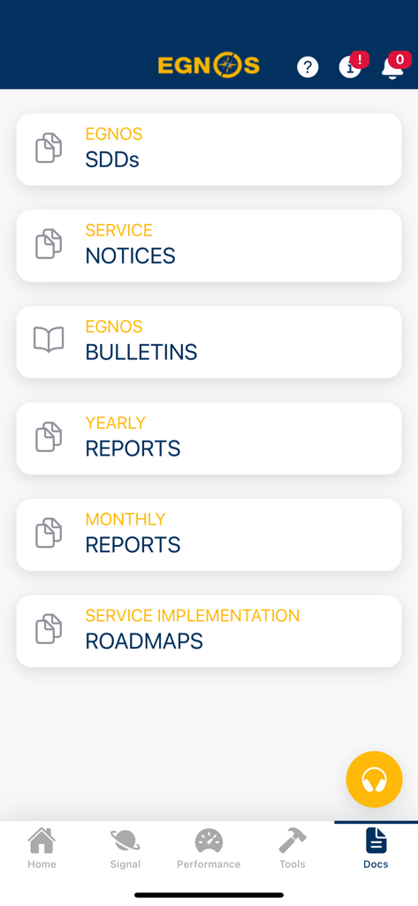 EGNOS - Interfaz de documentación de la aplicación móvil EGNOS que muestra boletines de avisos de servicio e informes
