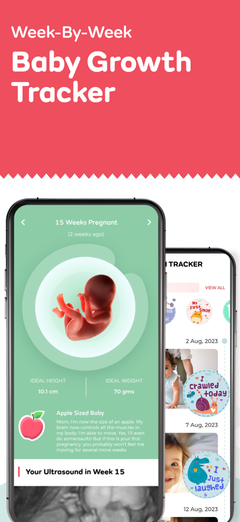 Mylo app interface showing a 15-week fetus visualization with growth statistics and a milestone tracker