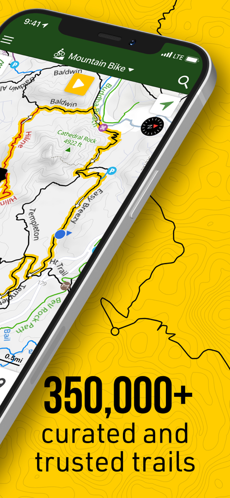 Pantalla de smartphone mostrando el mapa de ciclismo de montaña de la aplicación Trailforks con más de 350.000 senderos seleccionados.