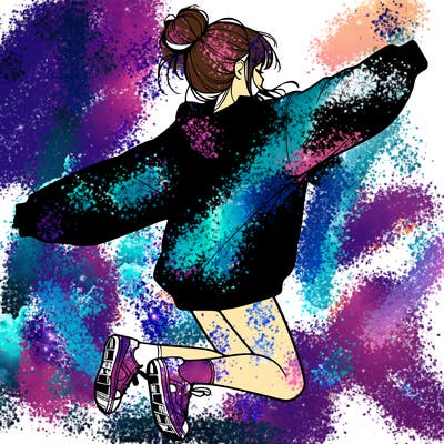 realistic girl jumping with a bun and oversized sweatshirt
