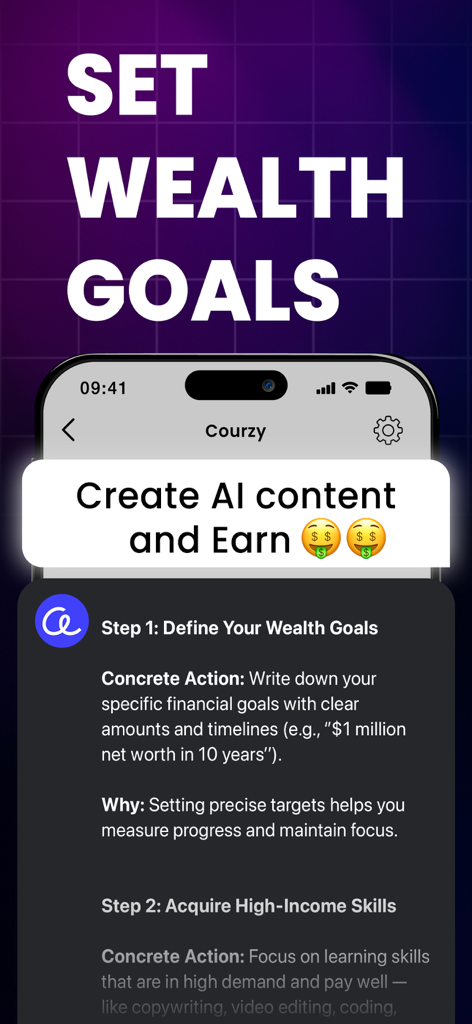 Courzy-App-Oberfläche, die Schritte zur Festlegung von Vermögenszielen und zum Erwerb von KI-Kenntnissen für die Content-Erstellung zeigt