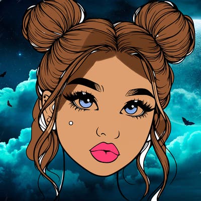 realistic girl with two buns on her hair and lips