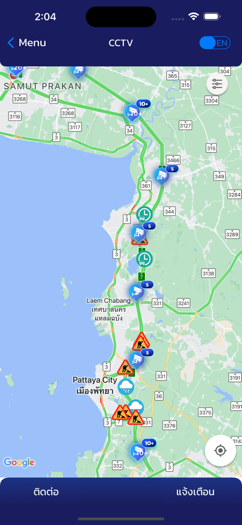 Map view of M Traffic app showing traffic conditions CCTV and construction alerts between Samut Prakan and Pattaya