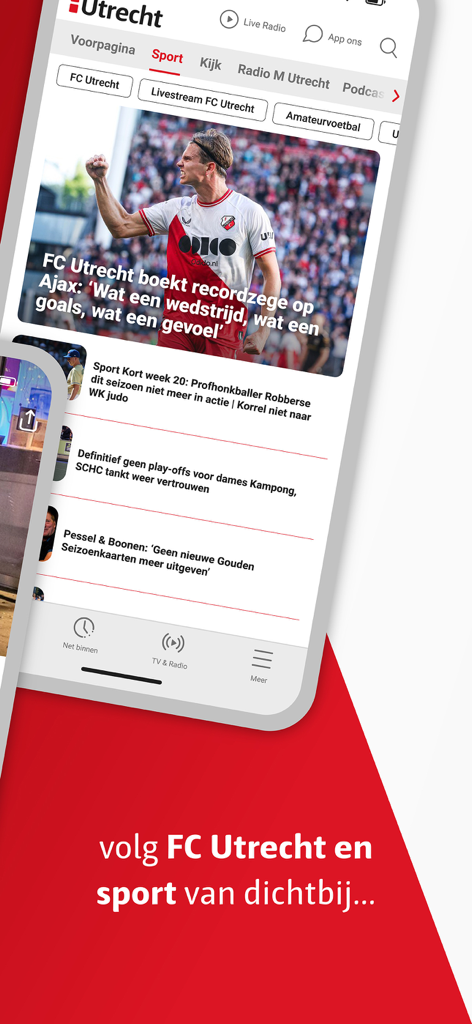 RTV Utrecht - RTV Utrecht app interface showing sports news and FC Utrecht updates