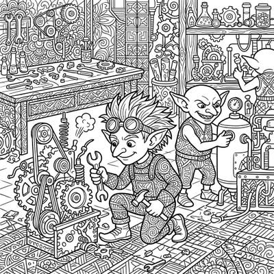 Step into the whimsical world of Goblin Tinkers with this intricate Zentangle coloring page. Discover a workshop bustling with gears, gadgets, and mischievous goblins, all waiting for your creative touch.