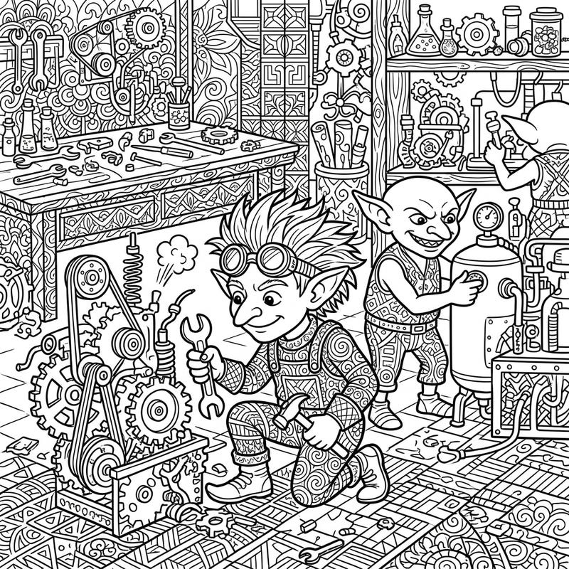 Step into the whimsical world of Goblin Tinkers with this intricate Zentangle coloring page. Discover a workshop bustling with gears, gadgets, and mischievous goblins, all waiting for your creative touch.