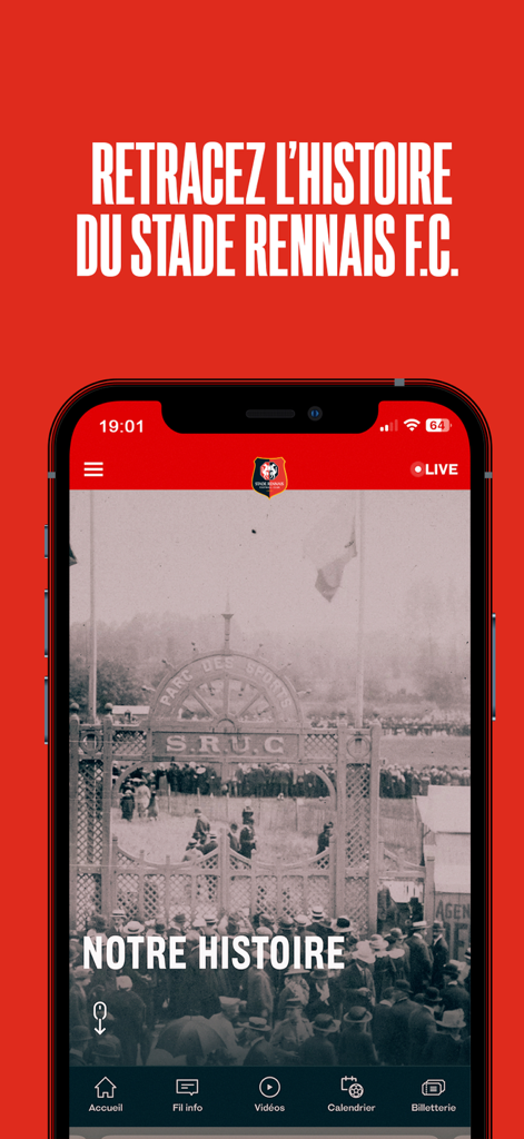 スタッド・レンヌFCのモバイルアプリ画面、クラブの歴史セクション、ヴィンテージ写真を表示