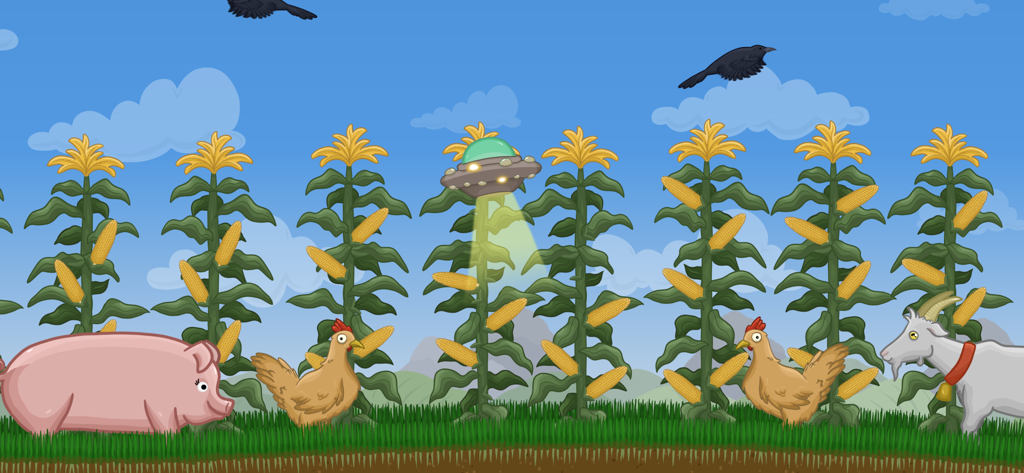 A small UFO abducting corn kernels and farm animals in a 2D cartoon farm environment.