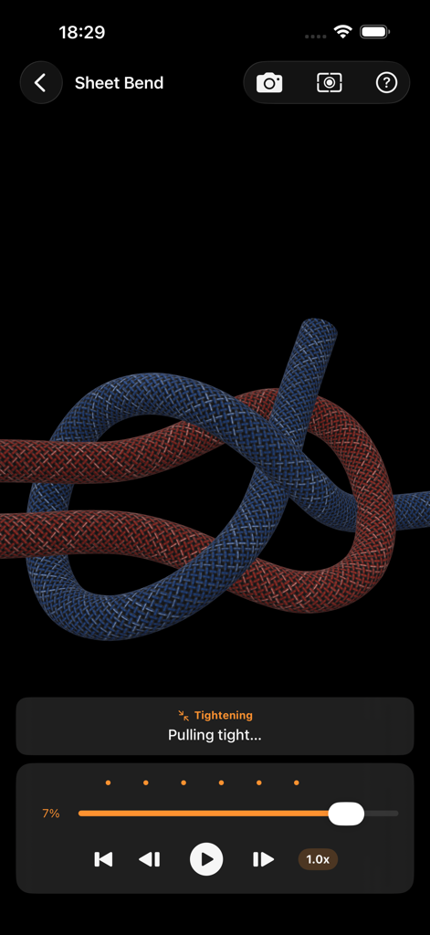 Maritime Master - Knots - Un tutorial interactivo en 3D que muestra la secuencia de ajuste de un nudo de Empalme de Hoja (Sheet Bend)