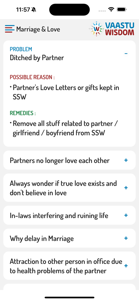 Vaastu Wisdom in ENG/GUJ/HINDI - Vaastu Wisdomアプリのスクリーンショット。結婚と愛の関係に関するアドバイスが表示されます。