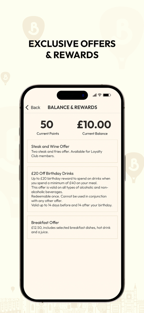Butcombe - Butcomeモバイルアプリ画面にロイヤリティポイント残高と限定ダイニング特典が表示されています。