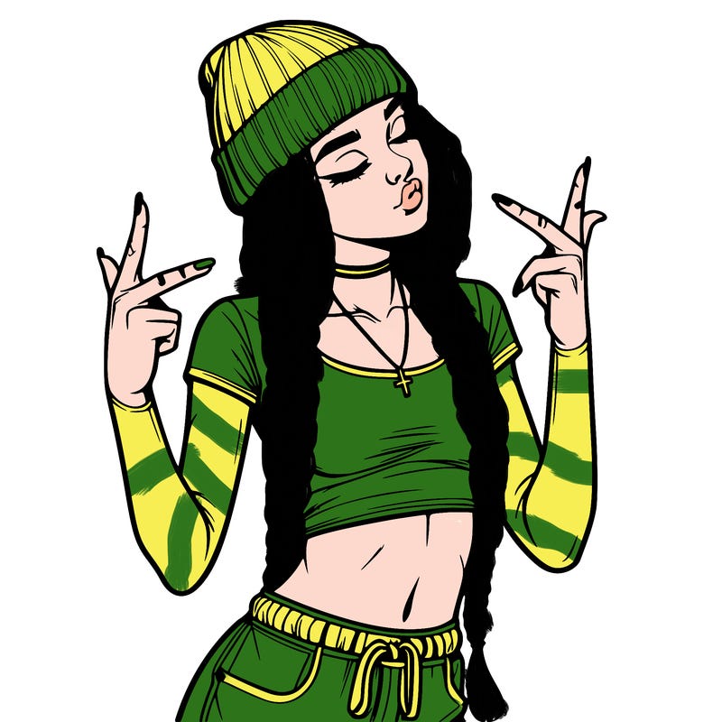 realistic teenage girl with braids and a beanie and crop top doing 🫶🏼