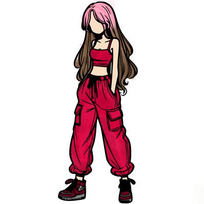 girl in baggy pants crop top and long hair