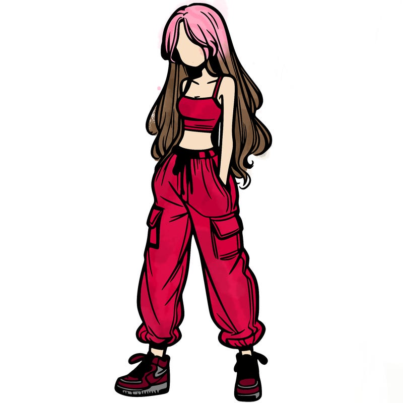 girl in baggy pants crop top and long hair