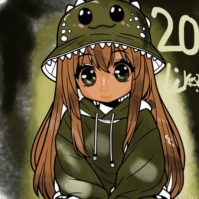 girl with anime shaped eyes with a dinosaur bucket hat oversized sweatshirt long straight hair