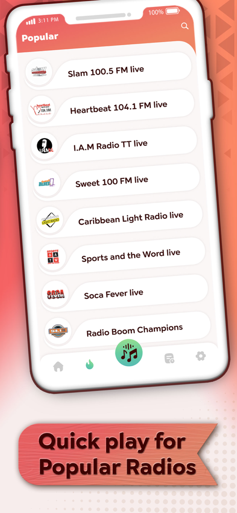 Popular Trinidad and Tobago radio stations list in the app interface