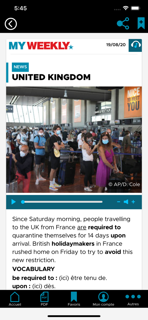 My Weekly App-Nachrichtenartikel über Reisen nach Großbritannien mit englischen Vokabeln und französischen Übersetzungen