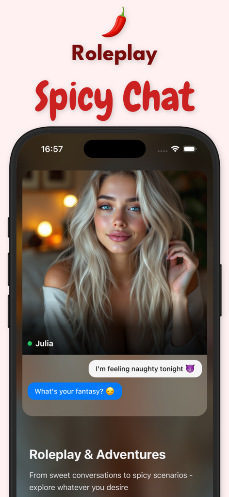 AI Girlfriend Spicy Chat - Smartphone screen displaying the AI Girlfriend Spicy Chat app with a virtual character named Julia and roleplay messages.
