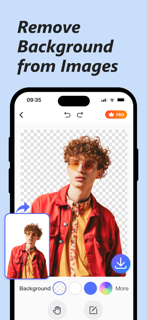 A screenshot of Picwand AI app demonstrating the background removal tool on a portrait of a man in a red jacket.