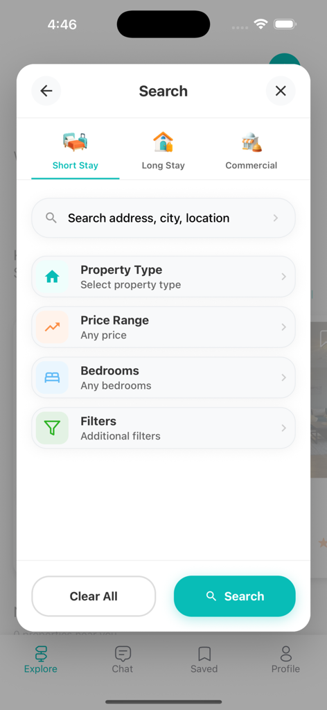 KasaStay - Search screen of the KasaStay app showing filters for location, property type, and price range for stays in Cameroon.