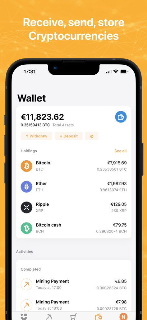 NiceHash - Schermata del wallet dell'app NiceHash che mostra il saldo delle criptovalute e i guadagni del mining