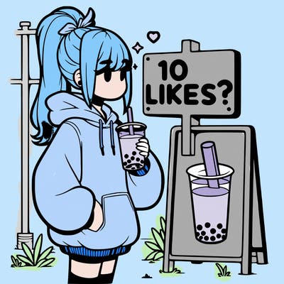 girl with oversized hoodie drinking boba and she has a high ponytail with a sign that says 10likes?