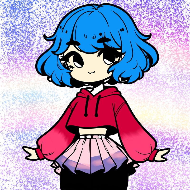 cute femboy with short, fluffy hair that softly frames their face, wearing a cropped hoodie, paired with a flouncy short skirt, and thigh-high stockings