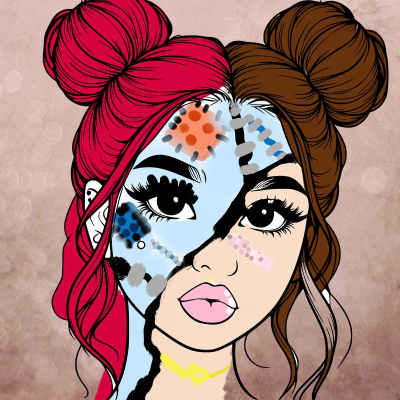 realistic girl with two buns on her hair and lips