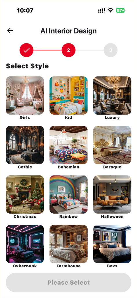 Decor Master-AI Home Design - Mobile app interface showing a grid of interior design styles including Farmhouse, Cyberpunk, and Bohemian for AI home renovation.